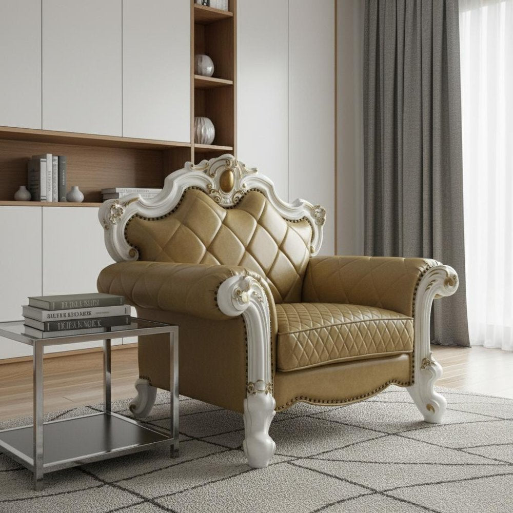 50" Beige and Pearl Faux Leather Tufted Arm Chair And Toss Pillow