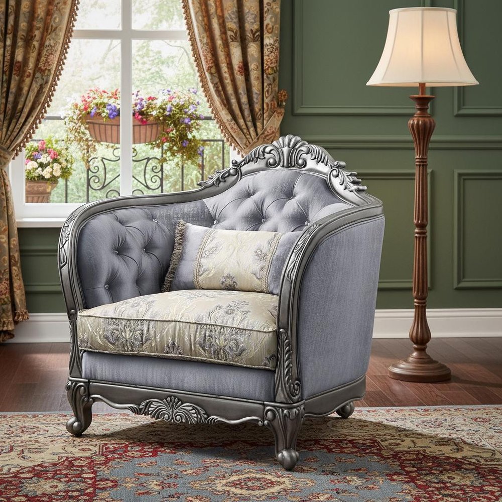 43" Light Gray and Platinum Fabric Floral Tufted Arm Chair And Toss Pillow