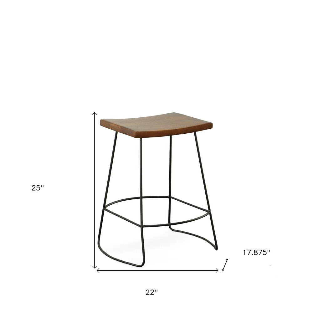 Set of Two 25" Chestnut and Black Solid Wood and Steel Backless Counter Height Bar Chairs