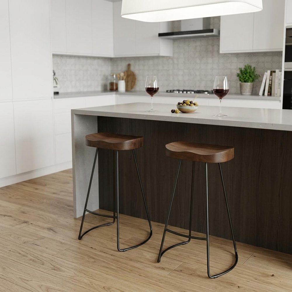 Set of Two 25" Chestnut and Black Solid Wood and Steel Backless Counter Height Bar Chairs