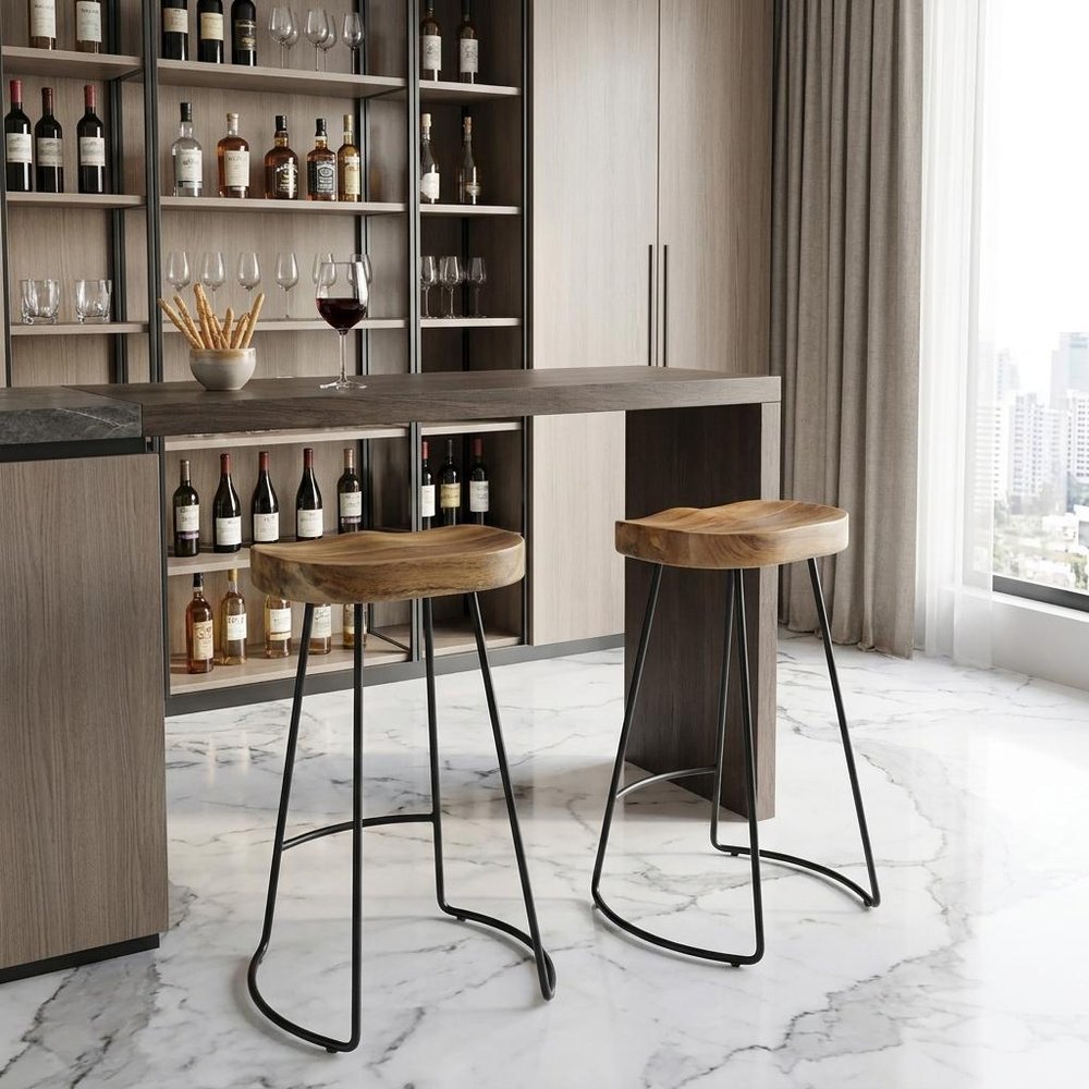 Set of Two 25" Natural And Black Solid Wood And Steel Backless Counter Height Bar Chairs