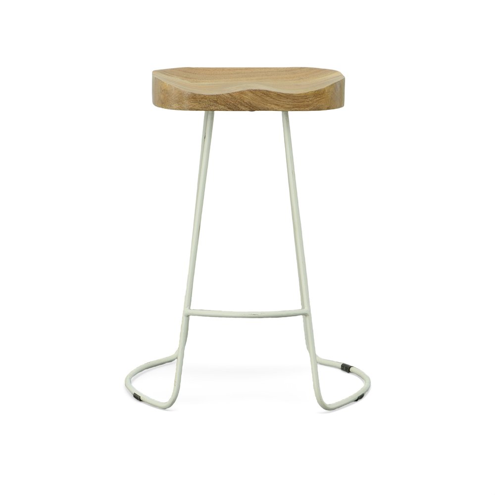 Set of Two 25" Natural and White Solid Wood and Steel Backless Counter Height Bar Chairs