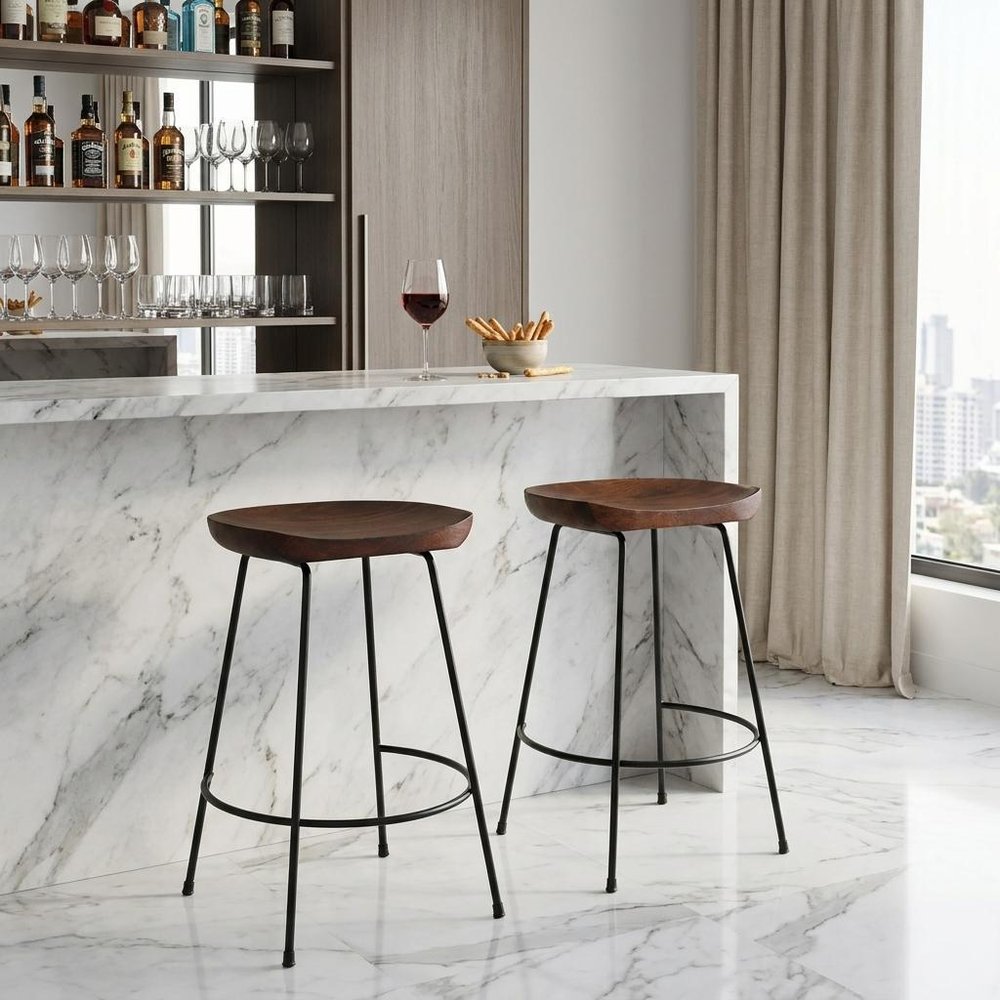 Set of Two 25" Chestnut and Black Solid Wood and Steel Backless Counter Height Bar Chairs