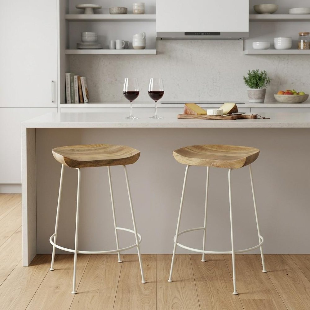Set of Two 25" Natural And White Solid Wood And Steel Backless Counter Height Bar Chairs