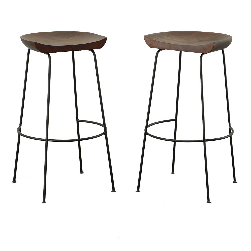 Set of Two 31" Chestnut and Black Solid Wood and Steel Backless Bar Height Bar Chairs