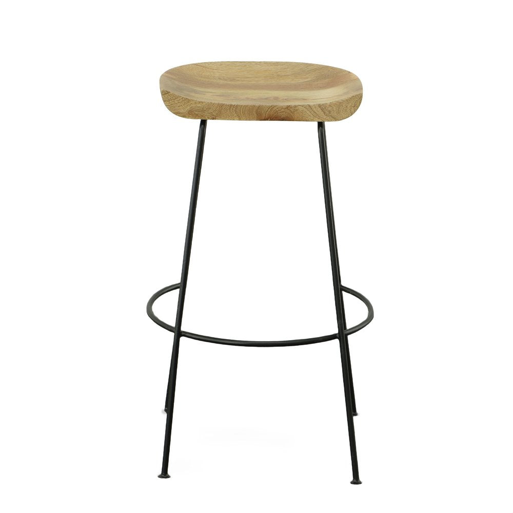 Set of Two 31" Natural and Black Solid Wood and Steel Backless Bar Height Bar Chairs