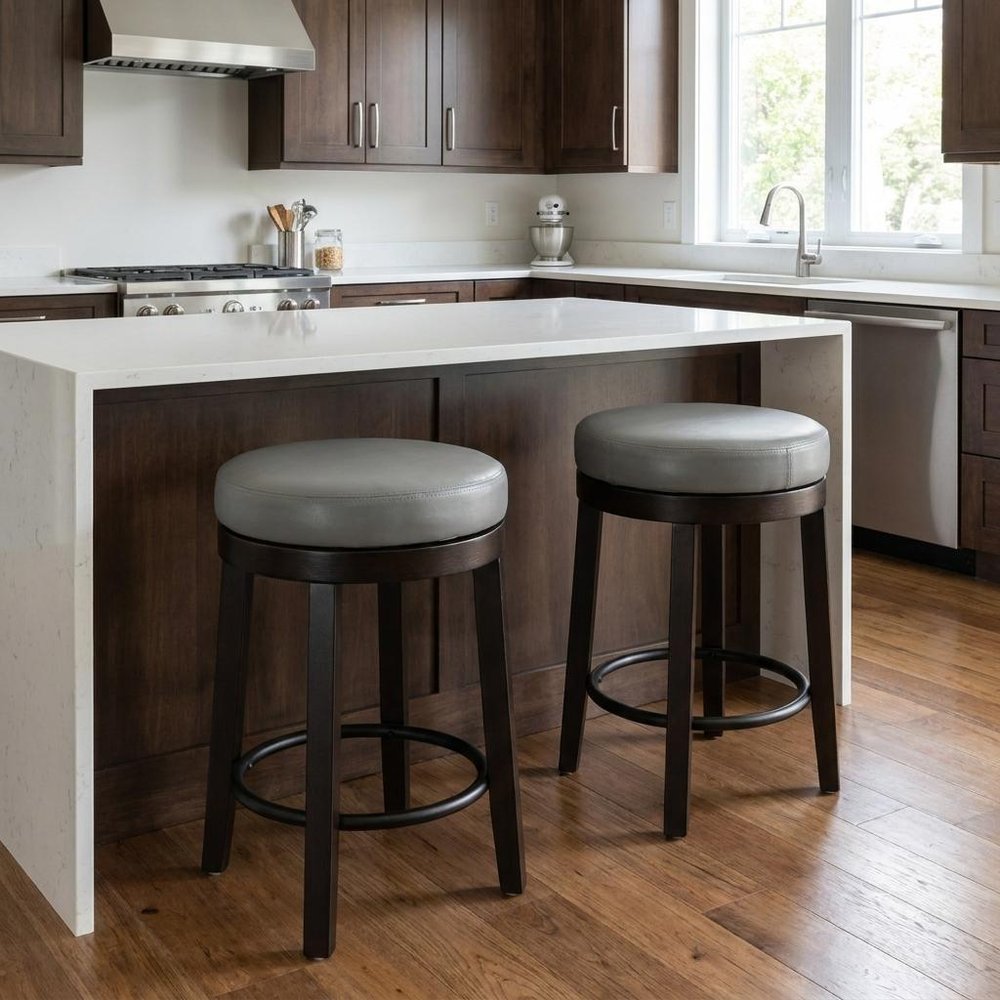 Set of Two 24" Gray and Espresso Faux Leather and Solid Wood Backless Counter Height Swivel Bar Chairs