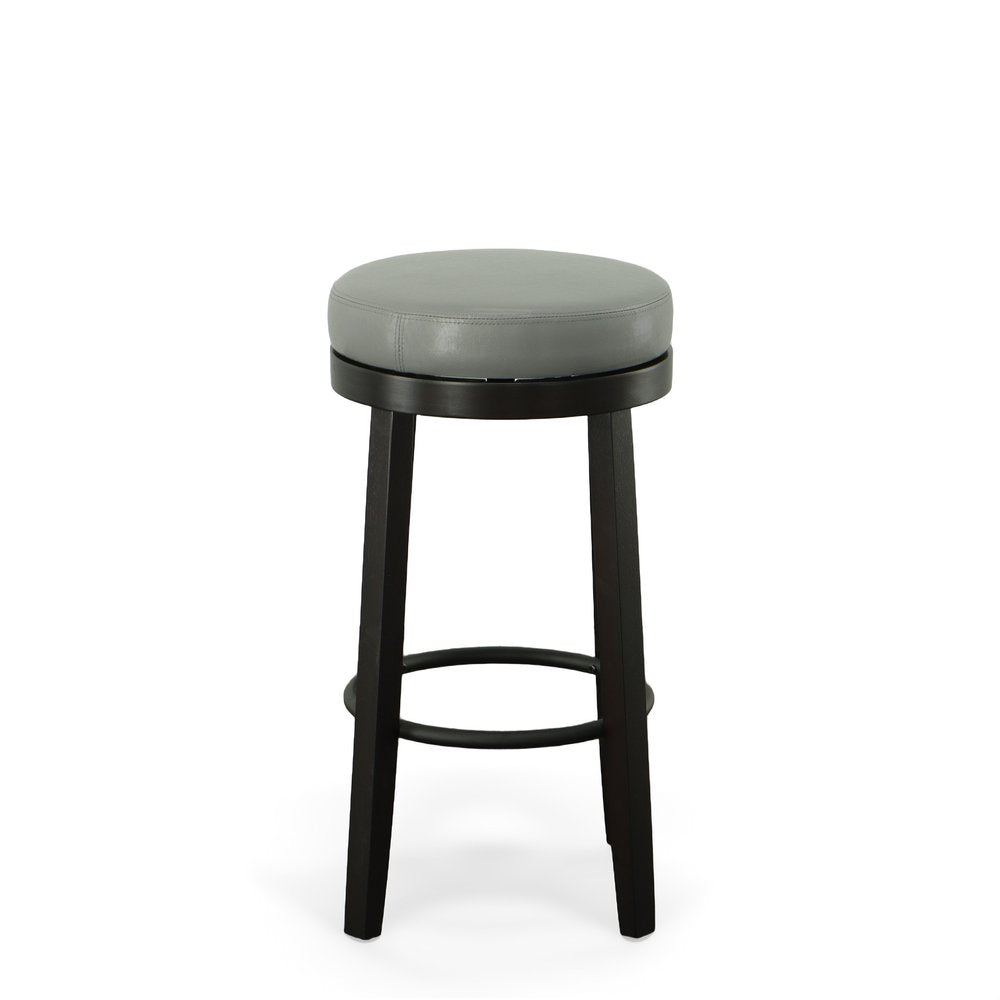 Set of Two 30" Gray and Espresso Faux Leather and Solid Wood Backless Bar Height Swivel Bar Chairs