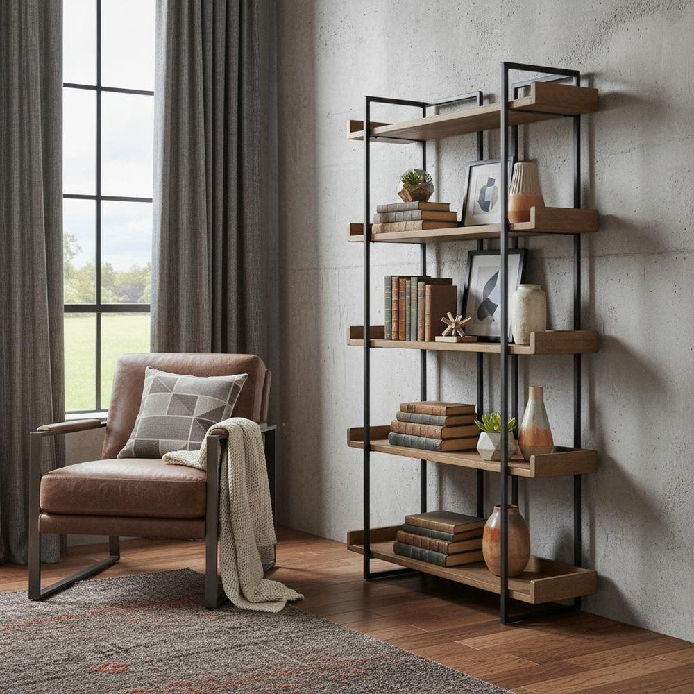 75" Black And Brown Metal and Wood Five Tier Bookcase