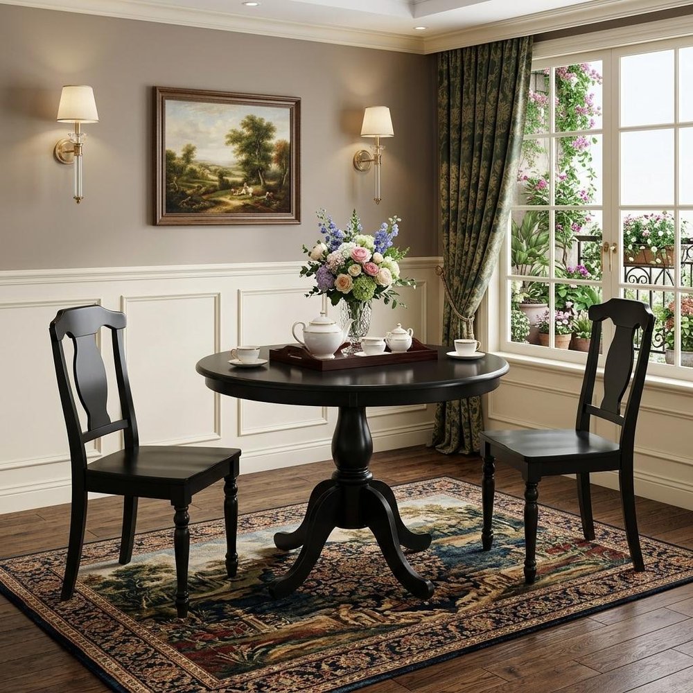 36" Black Rounded Solid Manufactured Wood And Solid Wood Pedestal Base Dining Table