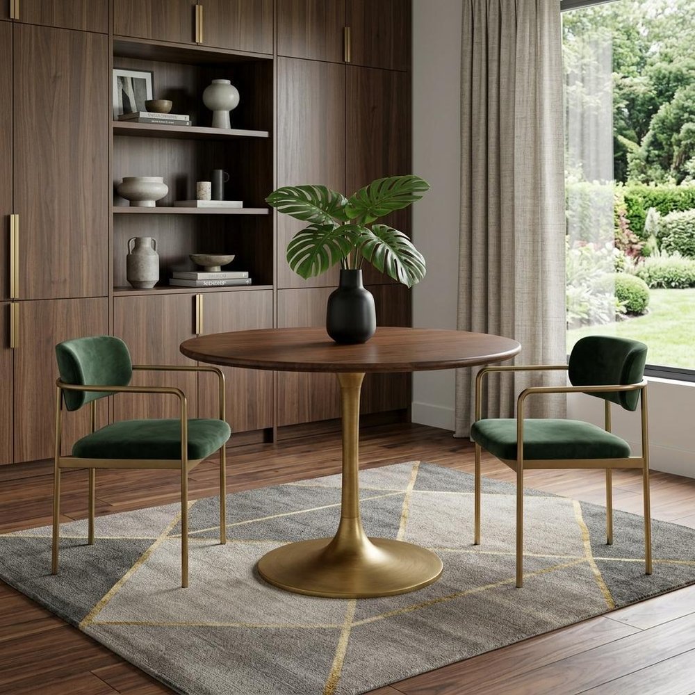 36" Brown And Gold Rounded Solid Wood And Iron Pedestal Base Dining Table