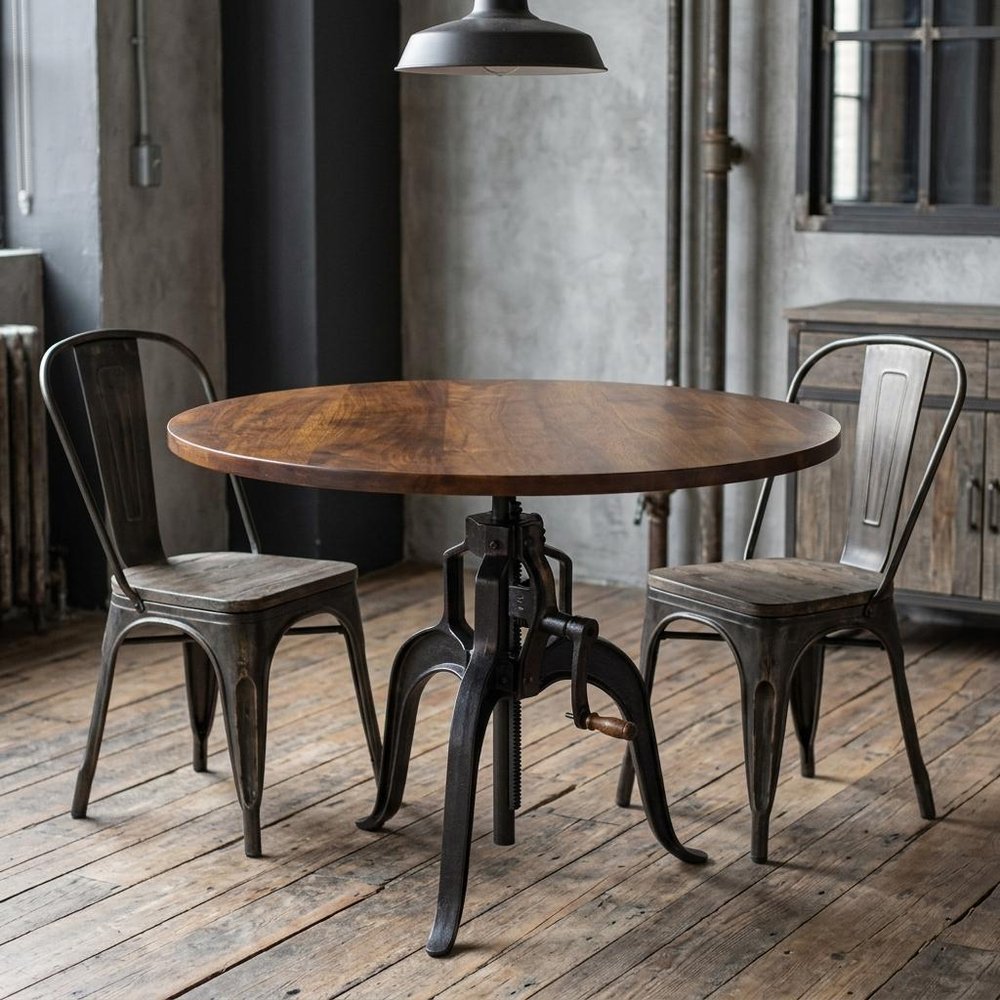 Adjustable Height Brown And Black Solid Wood And Iron Pedestal Base Round Top Dining Table
