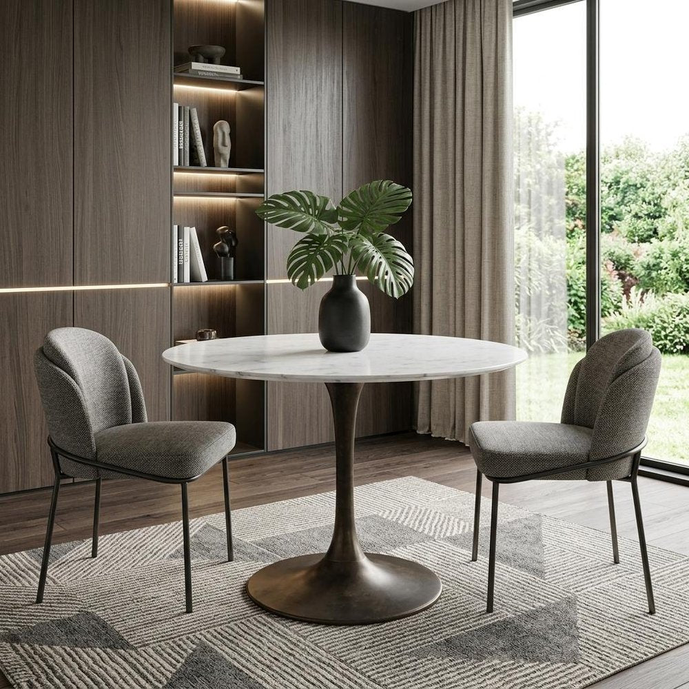 30" White And Black Rounded Marble And Iron Pedestal Base Dining Table