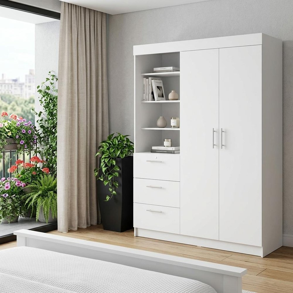 59" White Accent Cabinet Soft Close With Three Shelves And Three Drawers