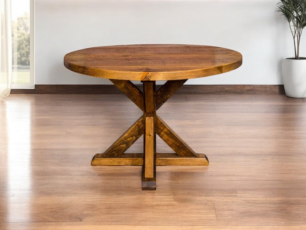 42" Brown Rounded Solid Wood Trestle Base Dining Table