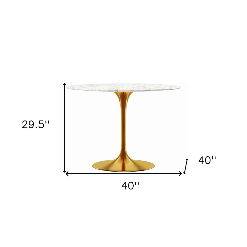 40" White And Gold Rounded Marble And Metal Pedestal Base Dining Table