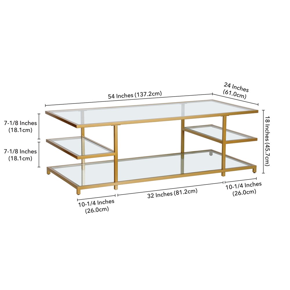 54" Gold Glass And Steel Coffee Table With Three Shelves