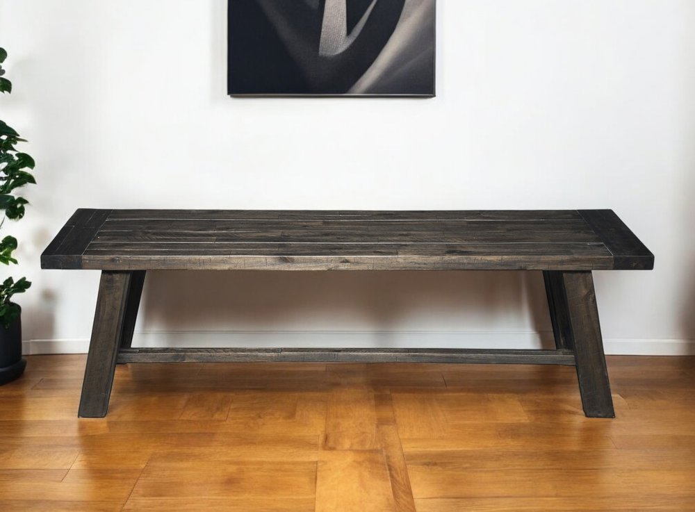 60" Gray And Dark Brown Distressed Wood Dining Bench
