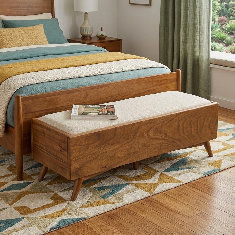 59" Beige And Brown Fabric And Solid Wood Upholstered Storage Bench With Drawers