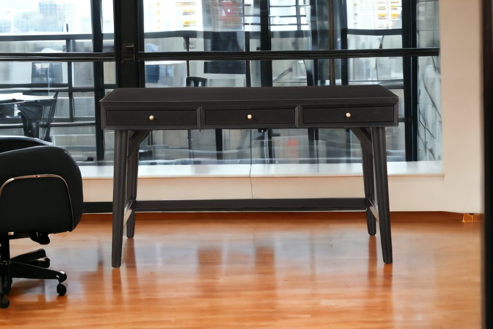 52" Black Wood Writing Desk With And Three Drawers