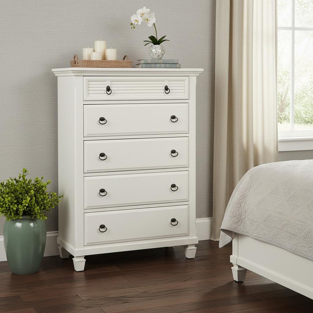 38" White Solid Wood Five Drawer Chest