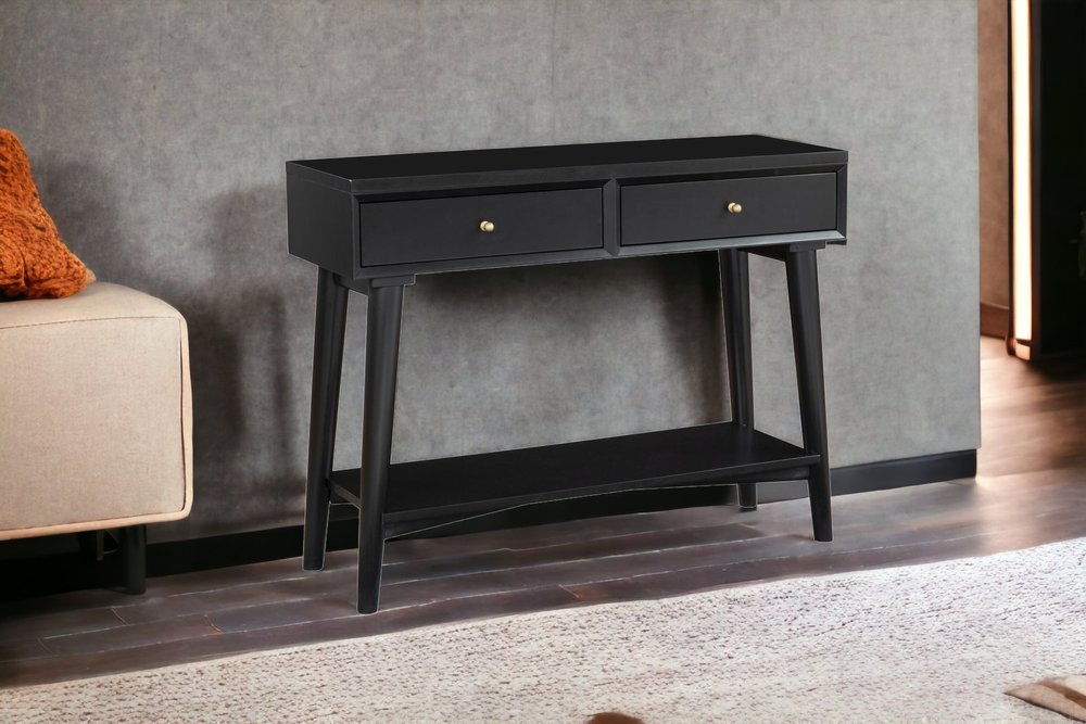 42" Black Floor Shelf Console Table With Shelves And Drawers