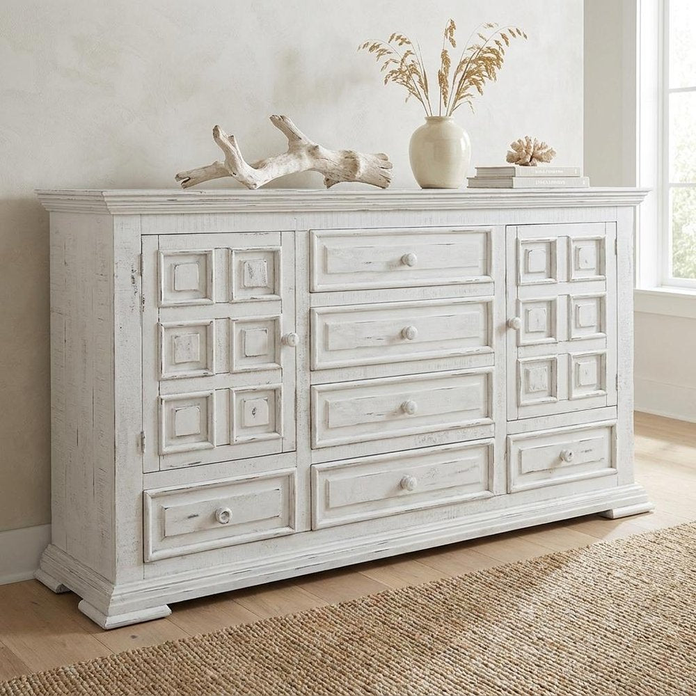 43" White Raised Panel Solid Wood Two Door Six Drawer Combo Dresser
