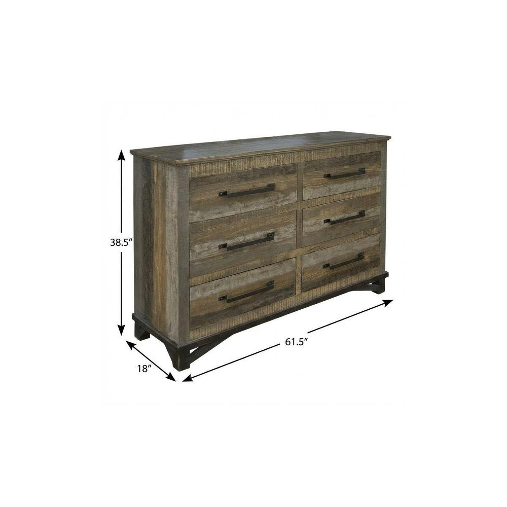 62" Brown And Gray Solid Wood Six Drawer Double Dresser