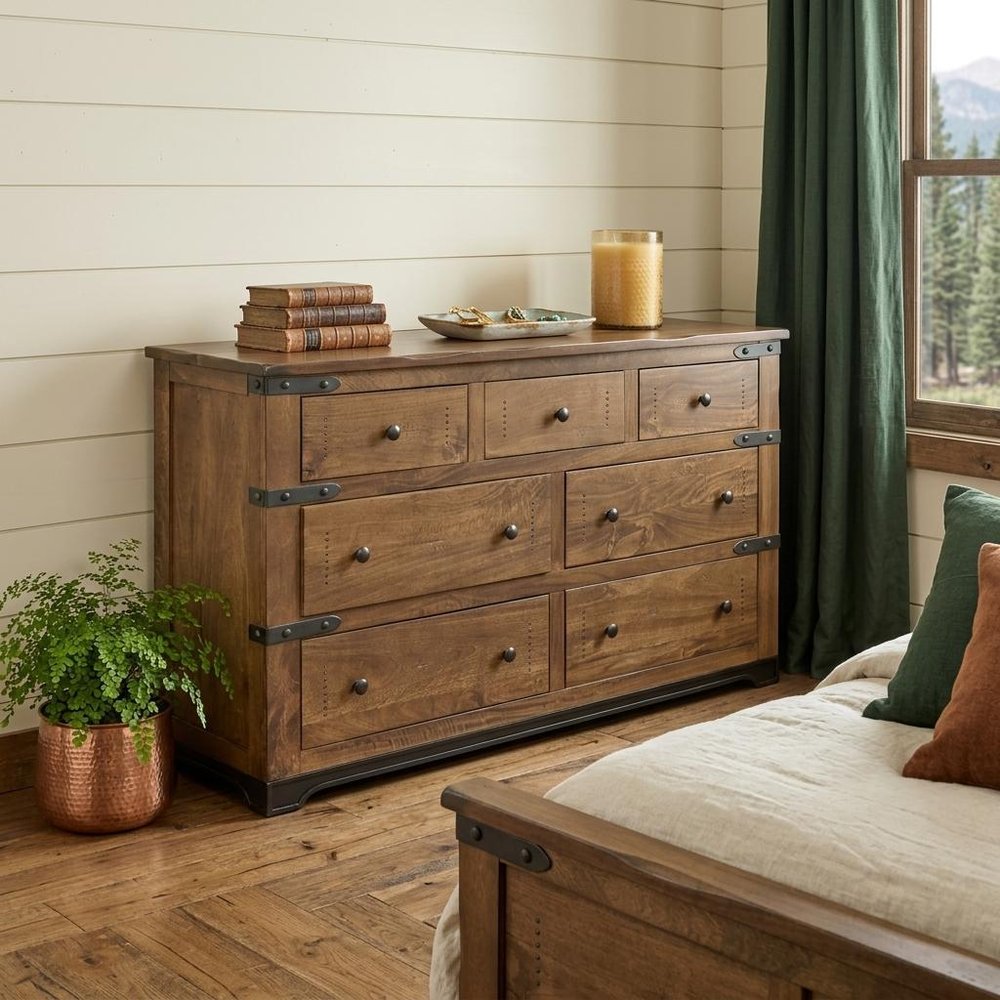 70" Brown And Black Solid Wood Seven Drawer Triple Dresser