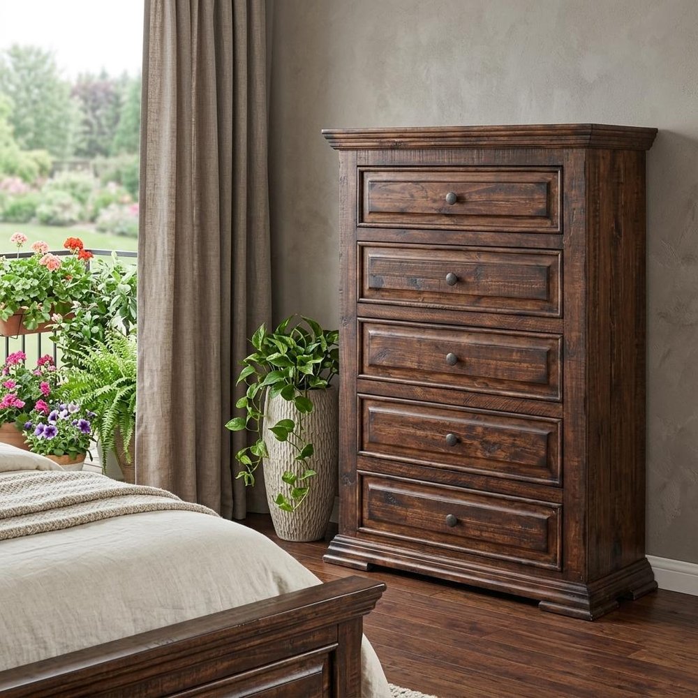 37" Chocolate Raised Panel Solid Wood Five Drawer Dresser