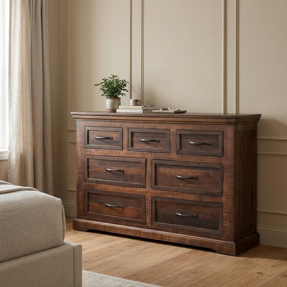 61" Brown Solid Wood Seven Drawer Double Dresser