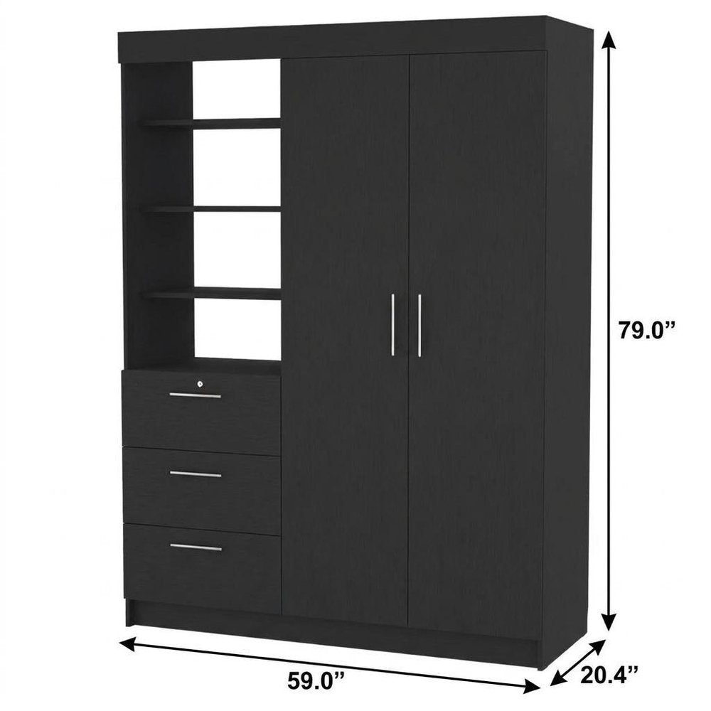 79" Black Wood Two Door Three Drawer Combo Dresser
