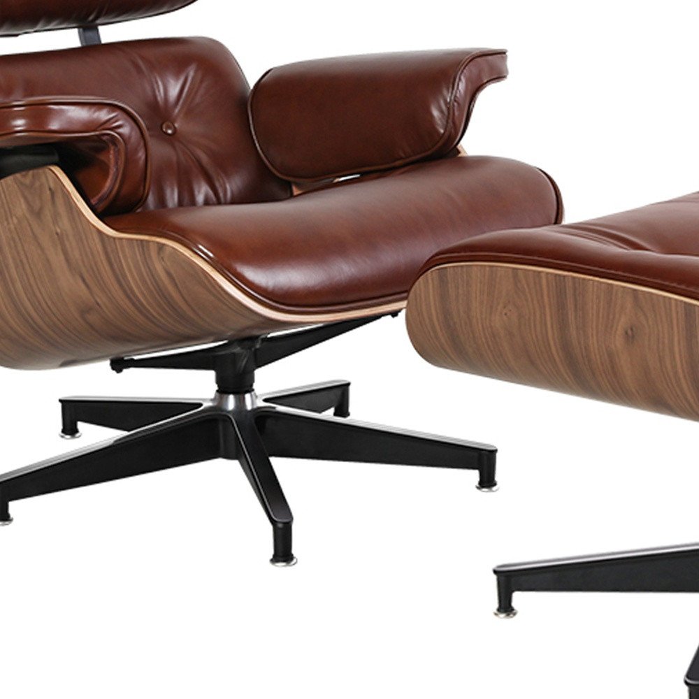 35" Brown Genuine Leather Tufted Swivel Lounge Chair With Ottoman