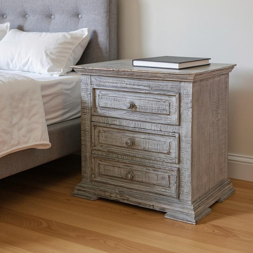32" Gray Solid Wood Three Drawer Nightstand
