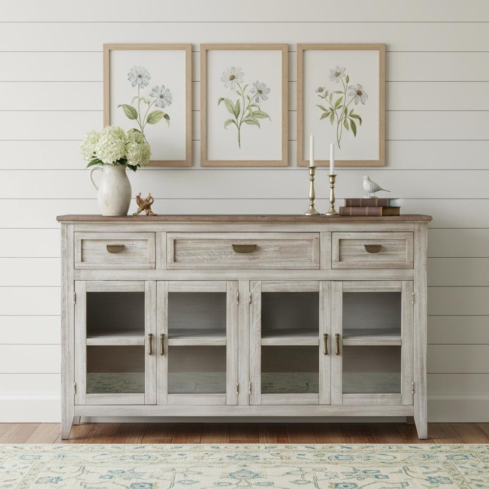 67" White Solid and Manufactured Wood Distressed Credenza