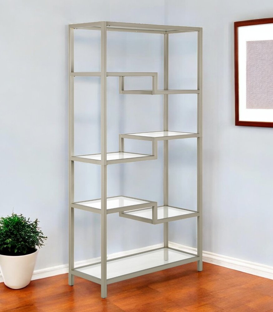 Silver Metal and Glass Seven Tier Etagere Bookcase