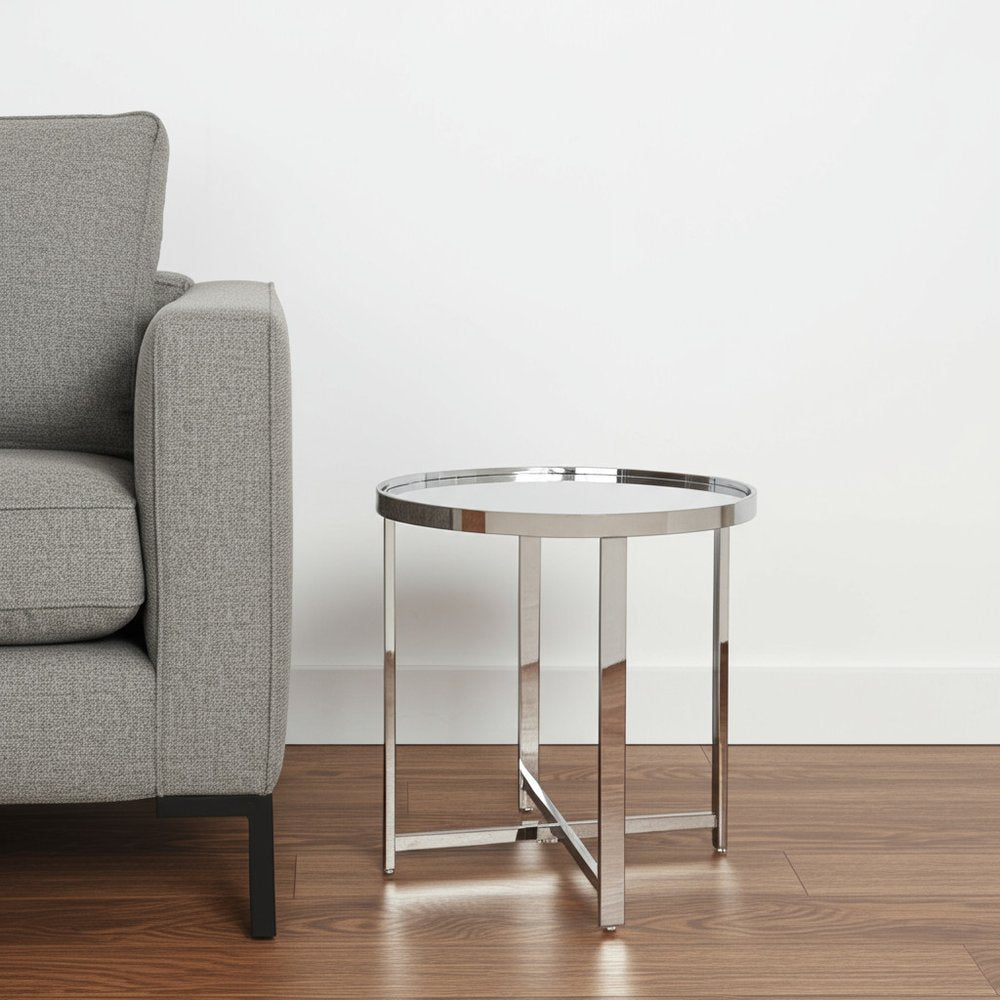 22" Silver Glass And Stainless Steel Round Mirrored End Table