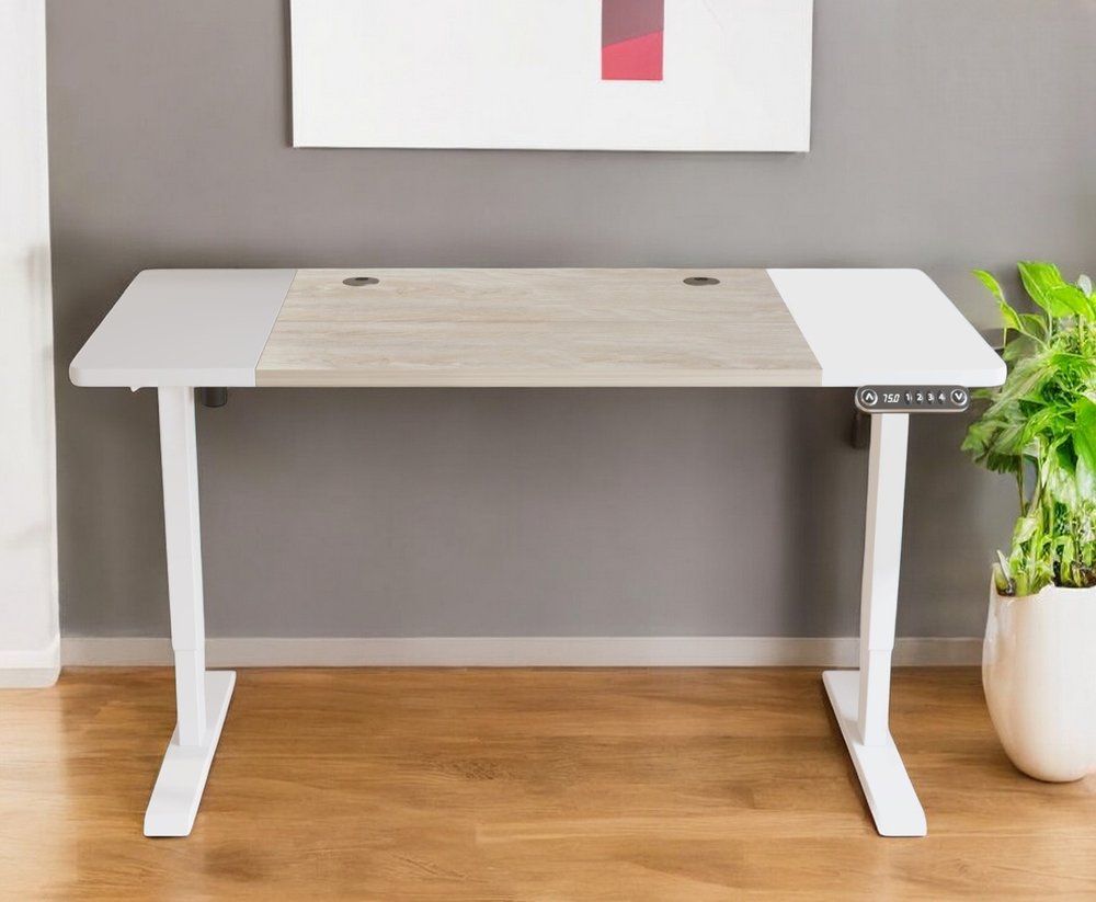 Adjustable Natural and White Wood and Stainless Steel Rolling Computer Desk
