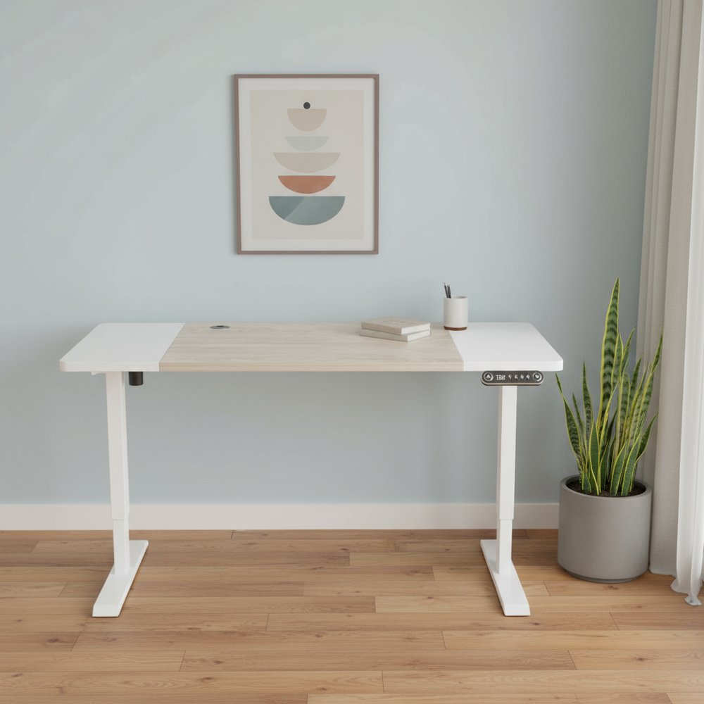Adjustable Natural and White Wood and Stainless Steel Rolling Computer Desk
