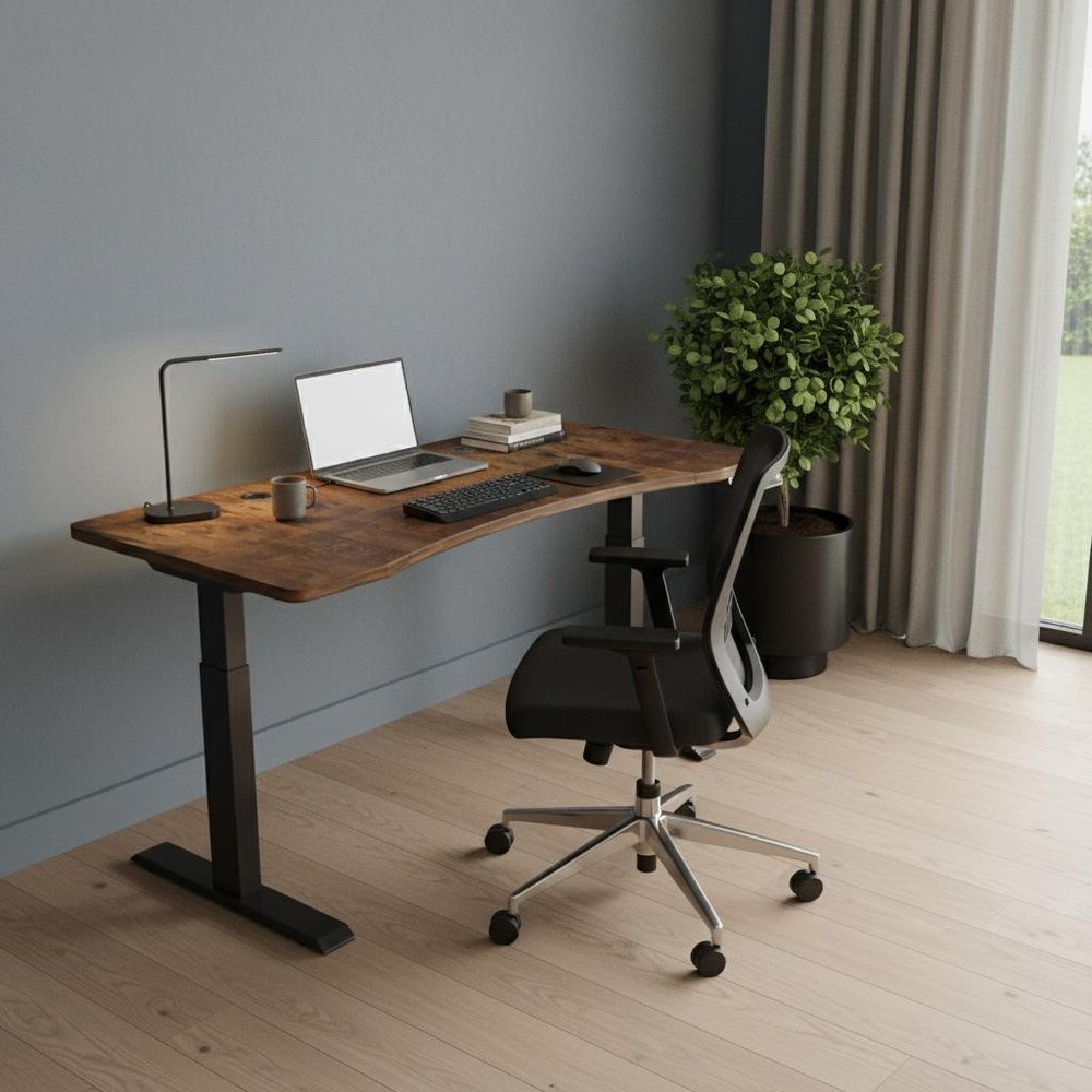 Adjustable Brown and Black Wood and Stainless Steel Rolling Standing Desk