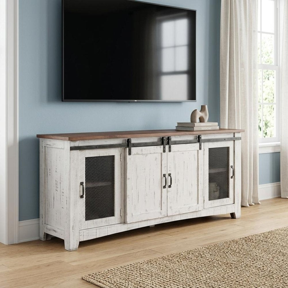 79" White Solid Wood Cabinet Enclosed Storage Distressed TV Stand