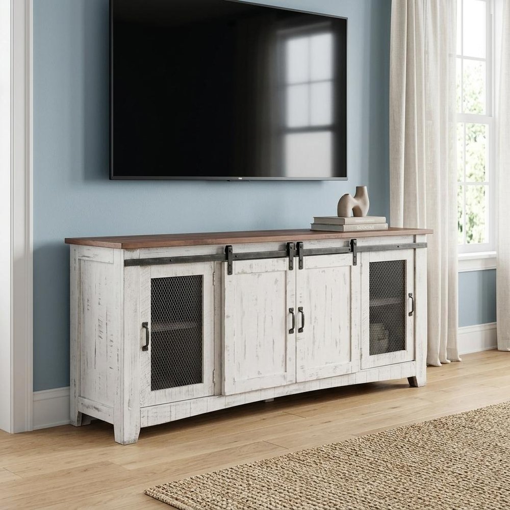 79" White Solid Wood Cabinet Enclosed Storage Distressed TV Stand