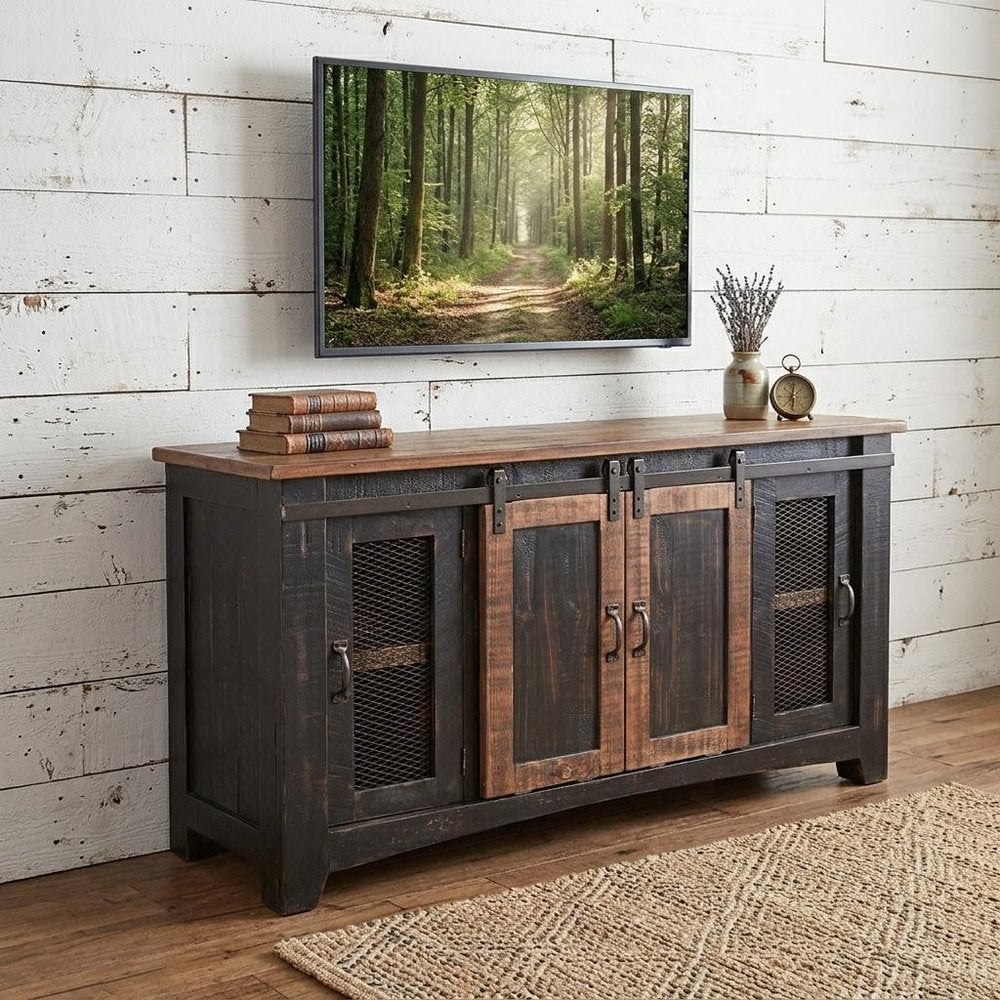 60" Black Solid Wood Cabinet Enclosed Storage Distressed TV Stand