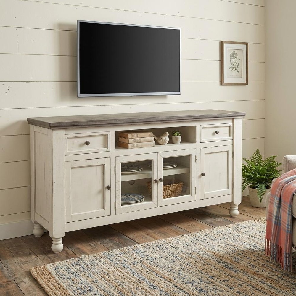 79" Ivory Solid Wood Open shelving Distressed TV Stand