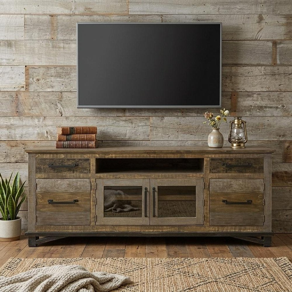 76" Brown Solid Wood Cabinet Enclosed Storage Distressed TV Stand
