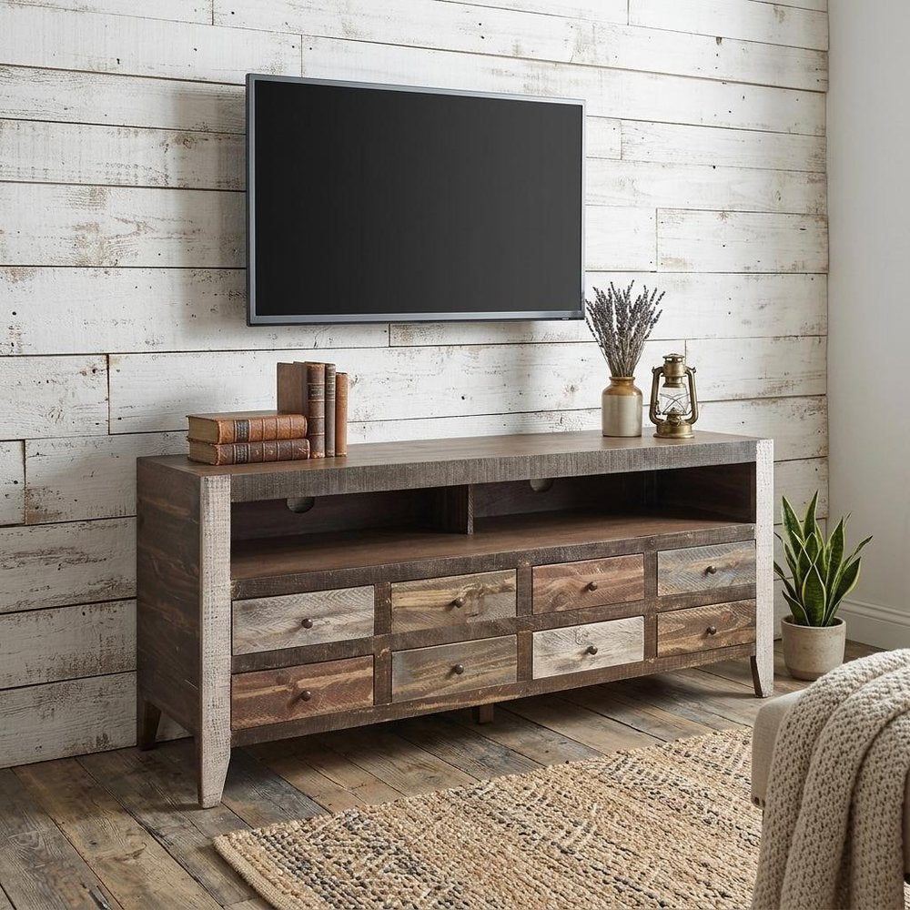 61" Brown Solid Wood Cabinet Enclosed Storage Distressed TV Stand