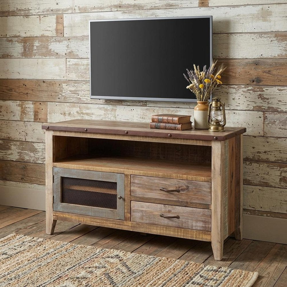 53" Brown Solid Wood Cabinet Enclosed Storage Distressed TV Stand