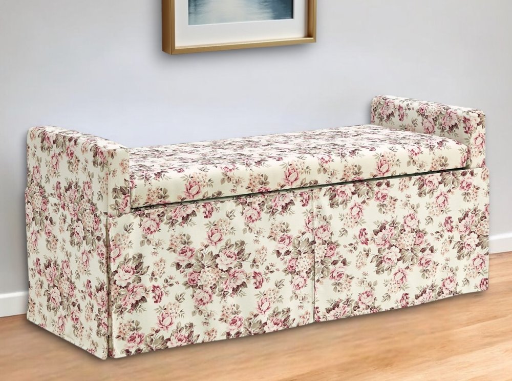 20" White and Red Linen Upholstered Floral Storage Bench with Shoe Storage