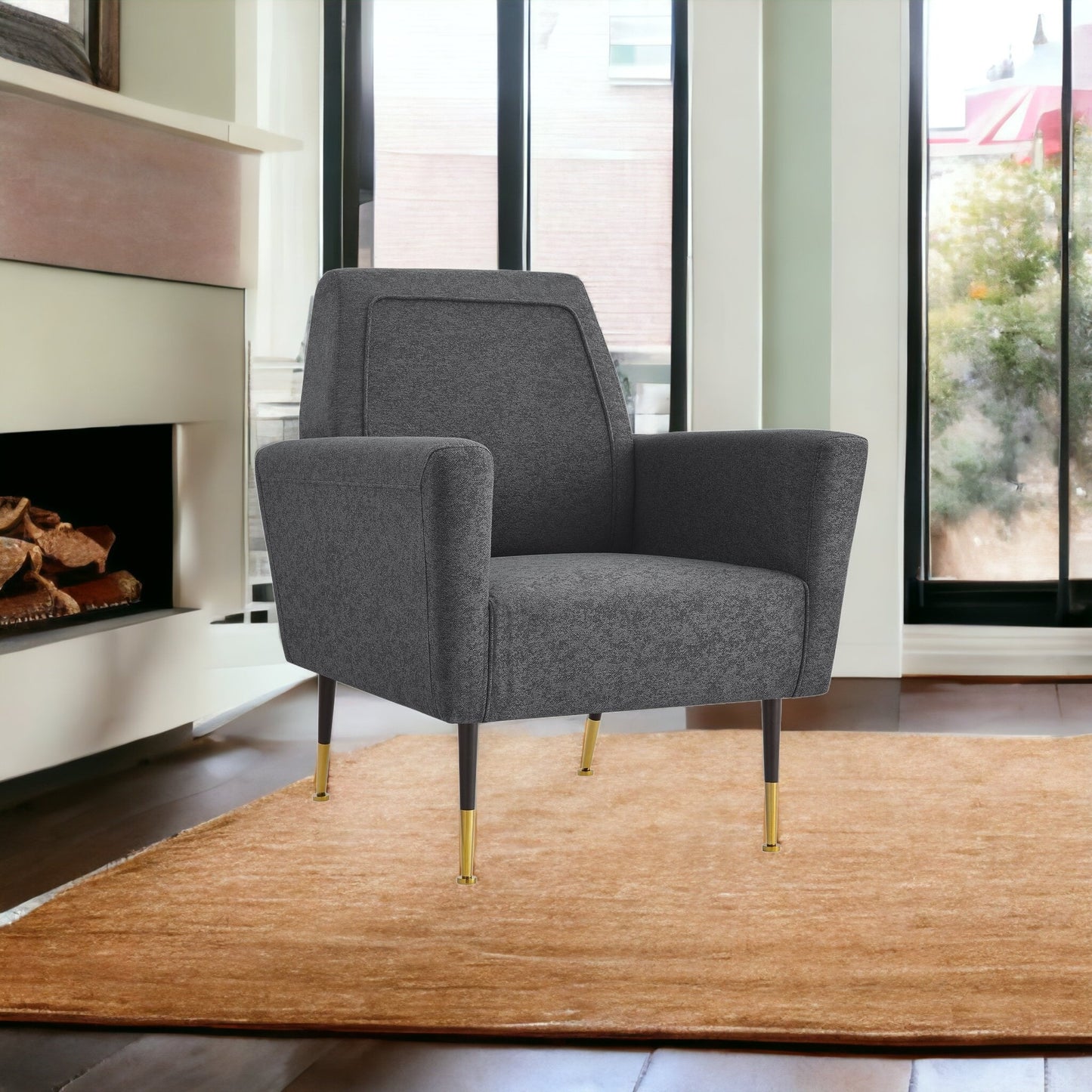 32" Gray And Black And Gold Velvet Arm Chair