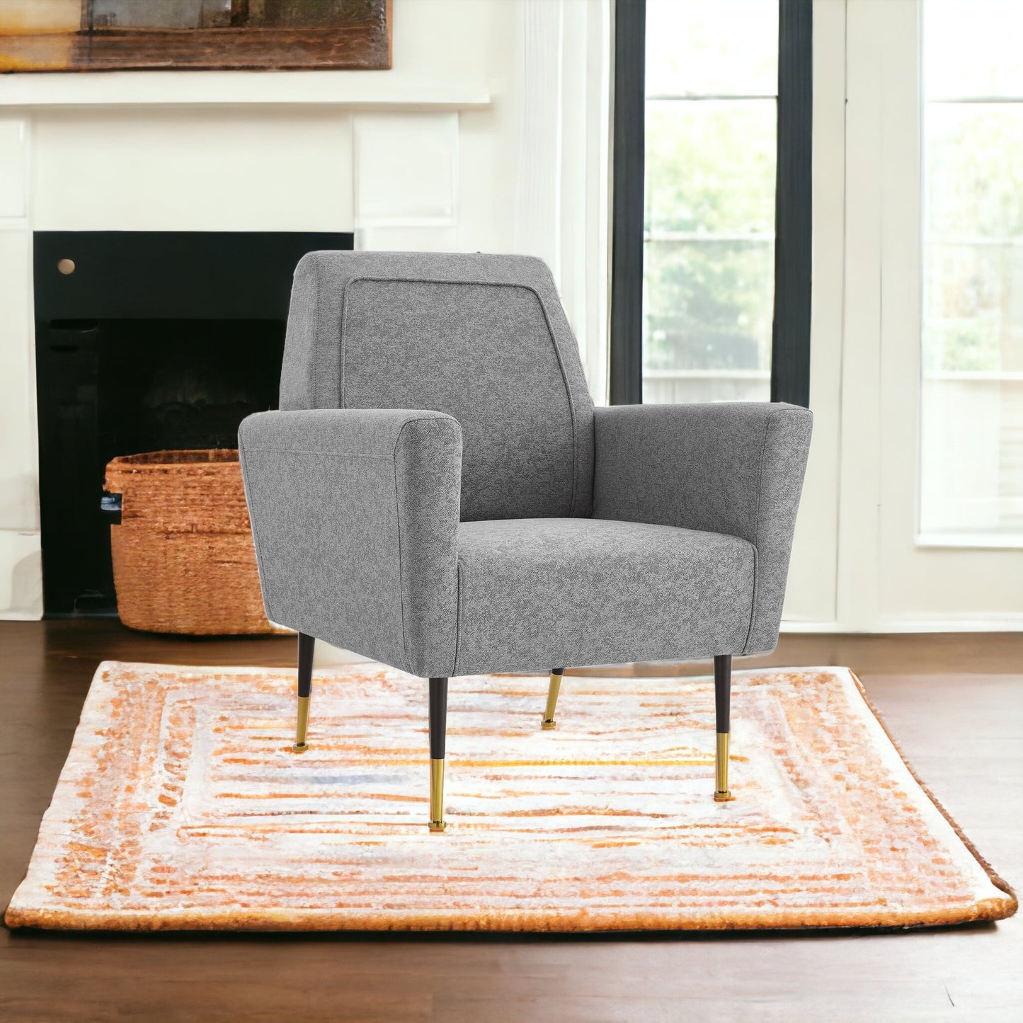 32" Gray And Black And Gold Velvet Arm Chair